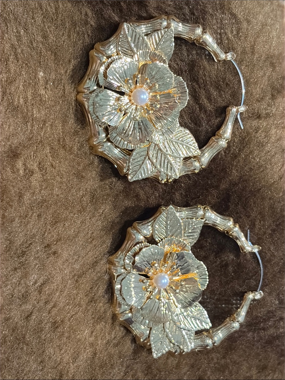 Gold Floral Hoop Earrings with Pearl Center